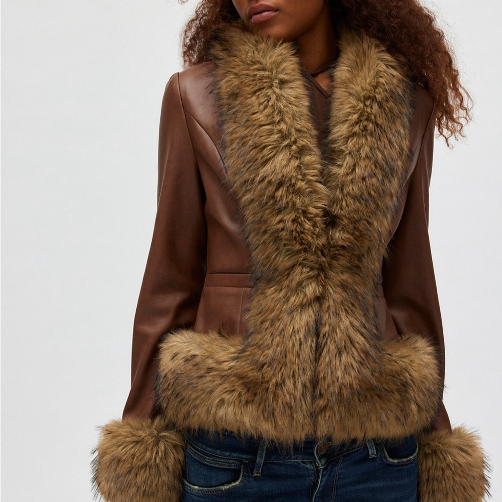 Silence + Noise Brown Leather Jacket with Faux Fur Trim